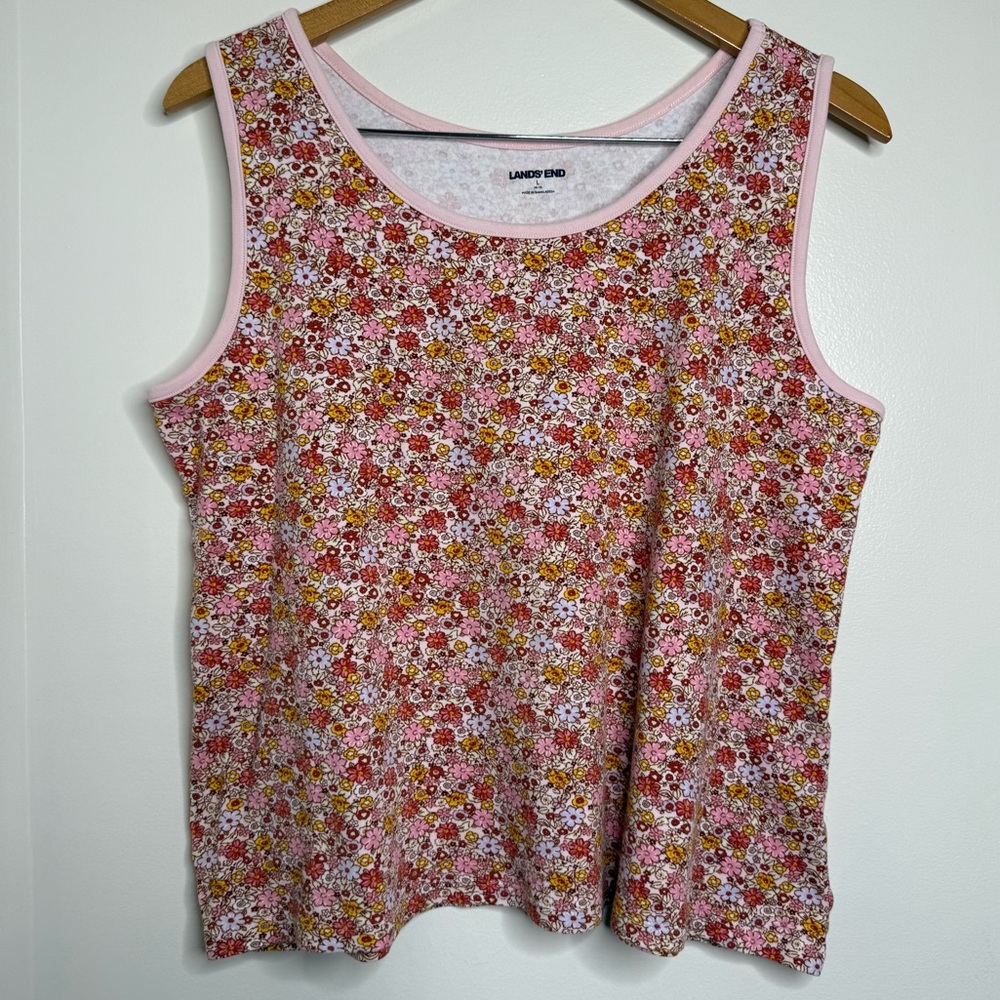 Lands’ End Floral Tank Top Women’s Size Large Cotton Pastel Pink